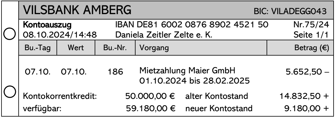Kontoauszug mit Bankkopf, IBAN, Mietzahlung, Kontostand und Beträgen.